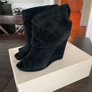 BCBG Suede Peep Toe Wedges